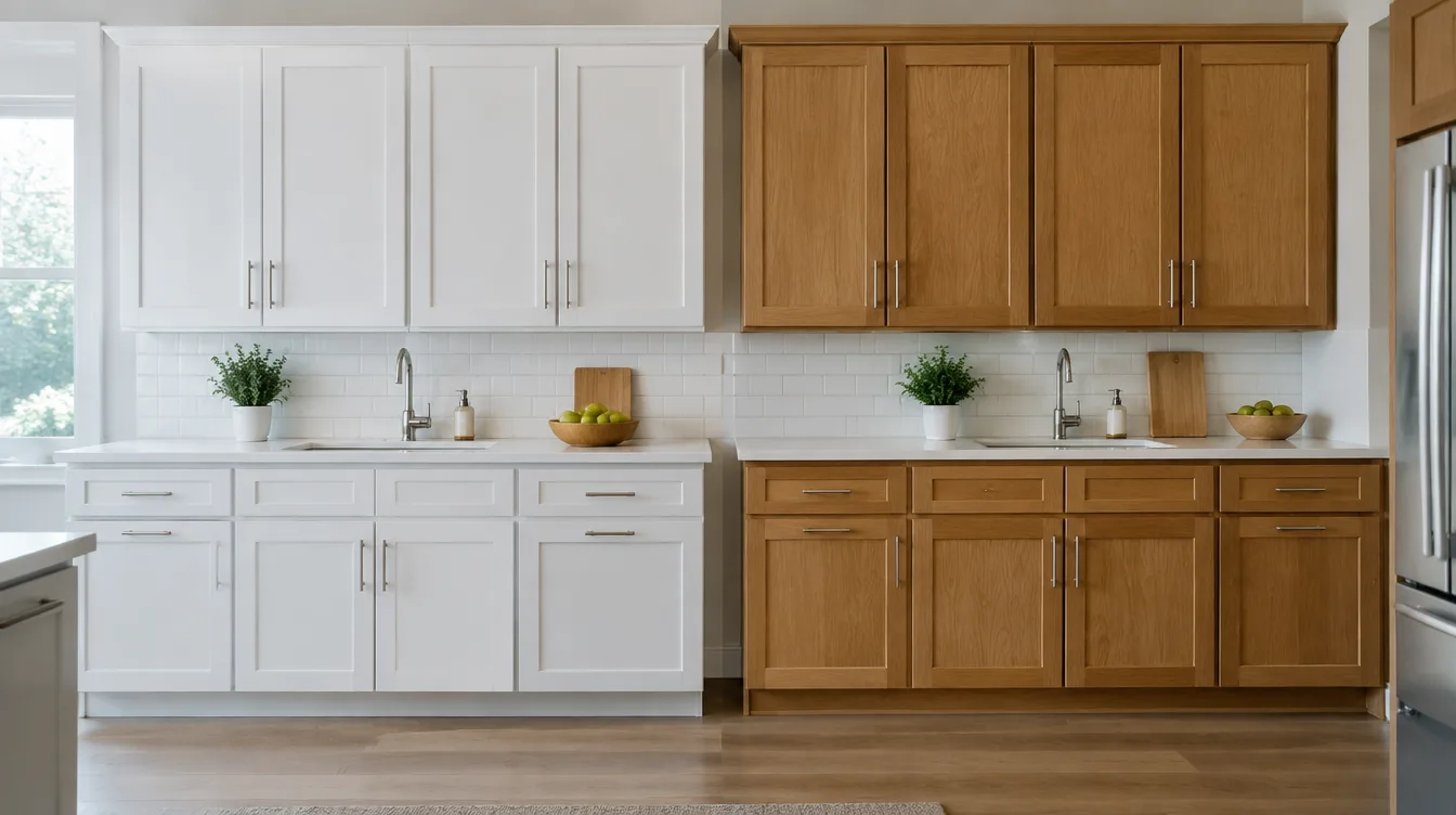 Side by side kitchen cabinets comparing painted white finish to original wood