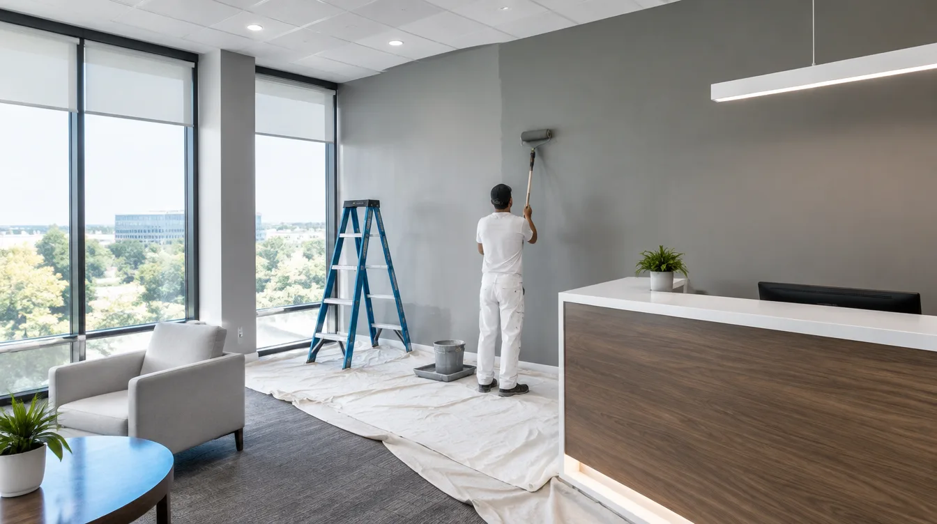 Professional painter rolling gray paint onto a modern office reception wall