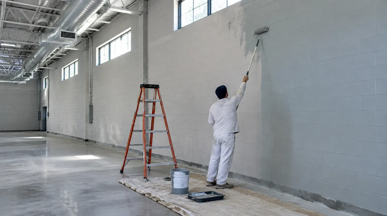 Painter rolling gray paint on a warehouse concrete block wall in Smyrna TN