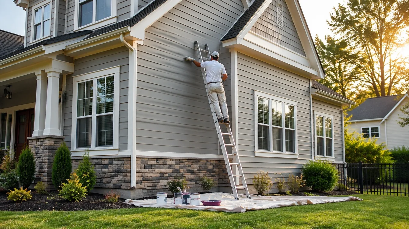 Professional exterior painter on a ladder painting a Murfreesboro home
