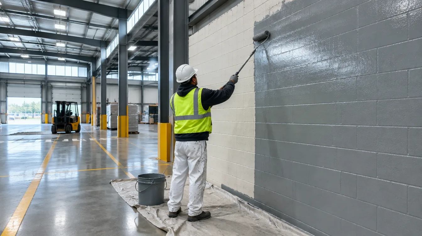 Painter applying epoxy coating to a concrete block wall inside a Smyrna warehouse
