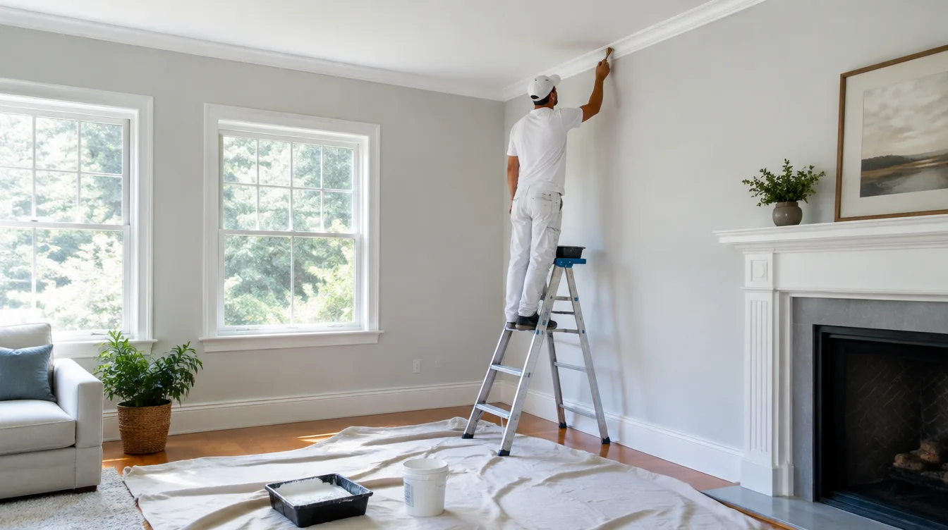 Interior painter cutting in paint along ceiling trim in a bright living room