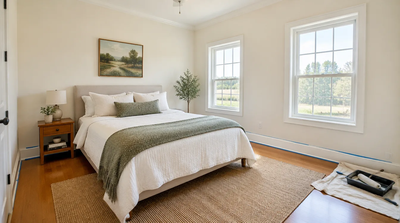 Freshly painted bright bedroom with painter's tools staged in a Murfreesboro home