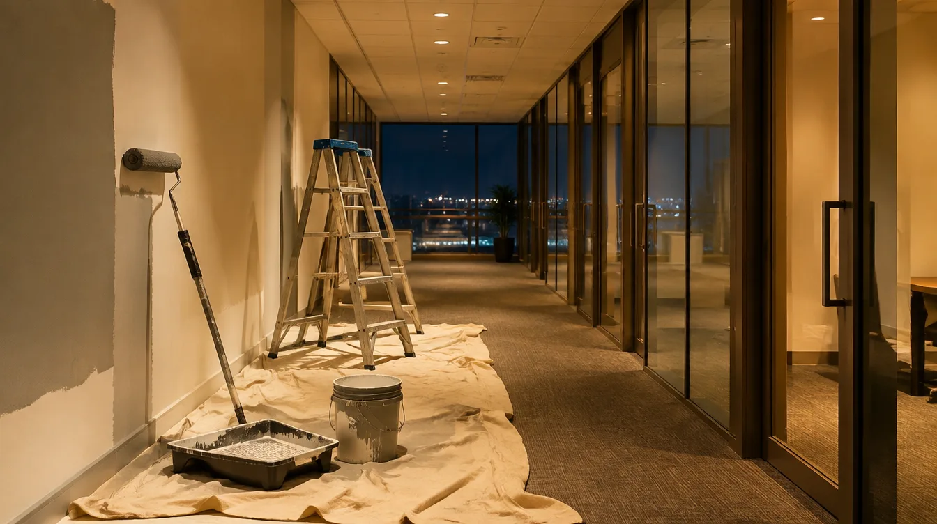 Office hallway painting equipment staged at night with warm lighting