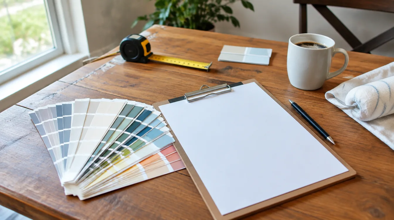 Painting estimate consultation with paint swatches and clipboard on a table