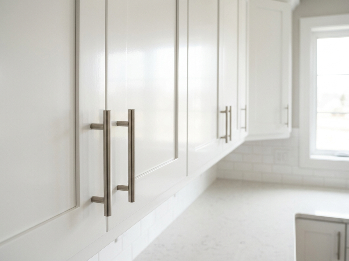 Close-up of the smooth spray finish and brushed nickel bar-pull hardware