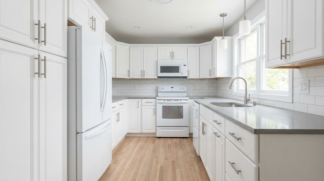 Murfreesboro kitchen after cabinet refinishing - Chantilly Lace white spray finish