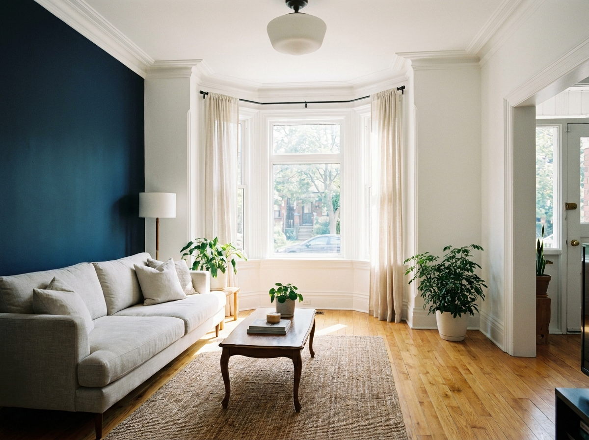Bay window corner view - natural light flooding the newly painted Victorian living room
