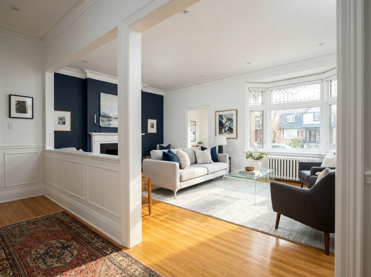 View from doorway - the repainted living room opens up the space dramatically