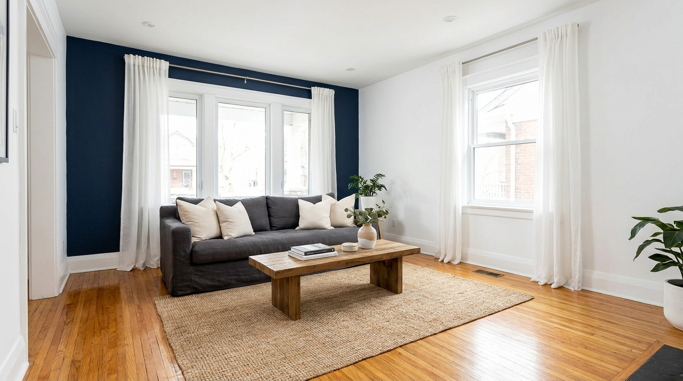 Freshly painted Murfreesboro living room - White Dove walls and Hale Navy accent