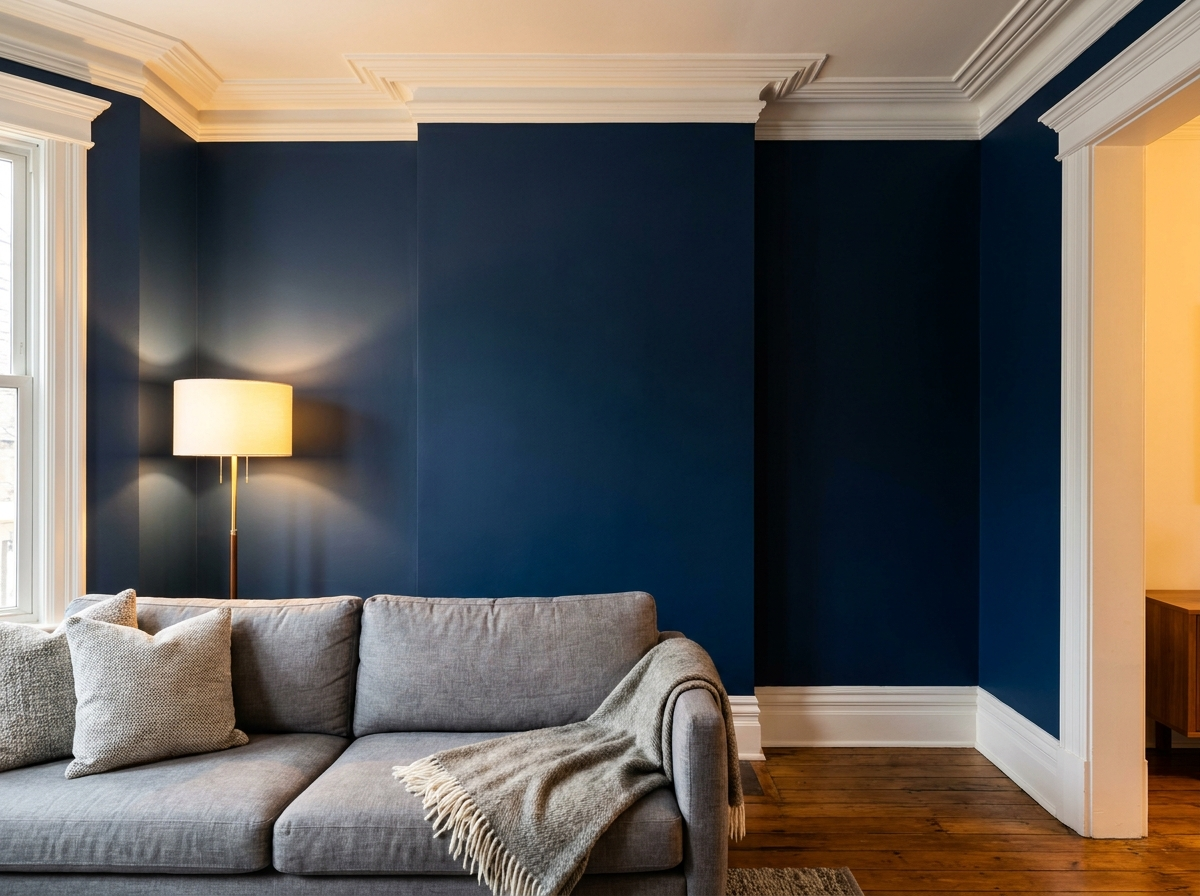 Detail of the Hale Navy accent wall with white crown moulding